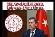 MEB: Yarıyıl Tatili 25 Ocak’ta Başlayacak, 3 Hafta Sürecek