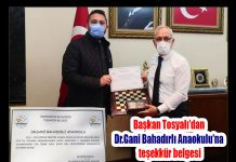Başkan Tosyalı’dan Dr.Gani Bahadırlı Anaokulu’na teşekkür belgesi