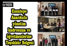 Esentepe Anaokulu yönetim kadrosuna ve öğretmenlerine Teşekkür Belgesi