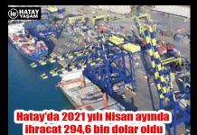 Hatay’da 2021 yılı Nisan ayında ihracat 294,6 bin dolar oldu