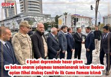 6 Şubat depreminde hasar gören ve bakım onarım çalışması tamamlanarak tekrar ibadete açılan Nihal Atakaş Camii’de ilk Cuma Namazı kılındı.